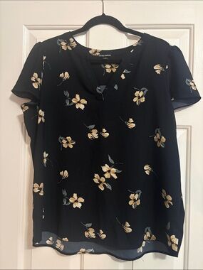 Hilary Radley Black Floral Split V-Neck Blouse